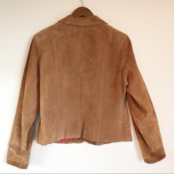 i.e. Women’s Genuine Leather Suede Tan Camel Blazer, size Large Button Front - Picture 11 of 16